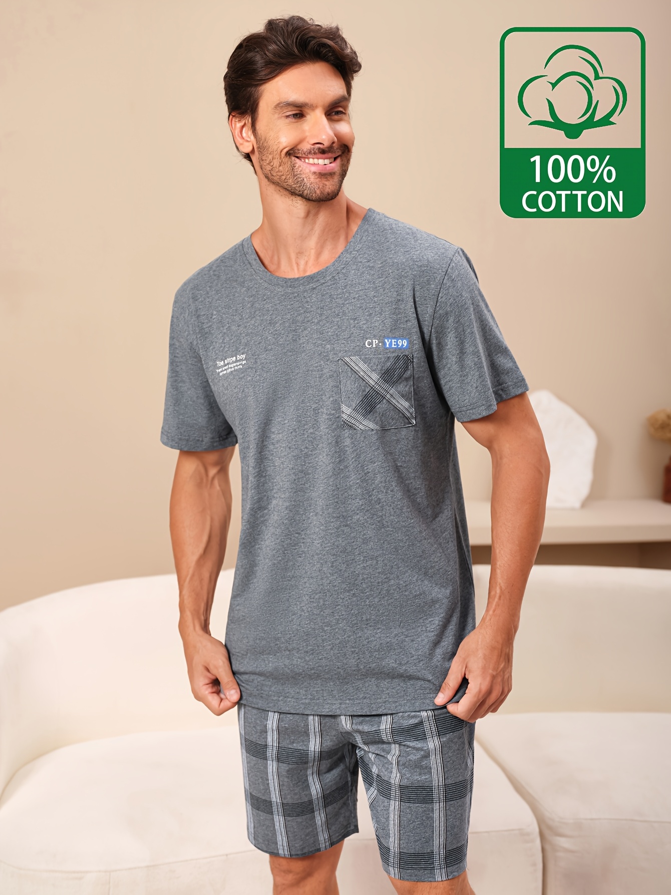 zomer-pyjama-heren-710awz-1.jpg heren pyjamaset van 100% puur katoen geschikt voor lente en Temu Netherlands - Afbeelding 1